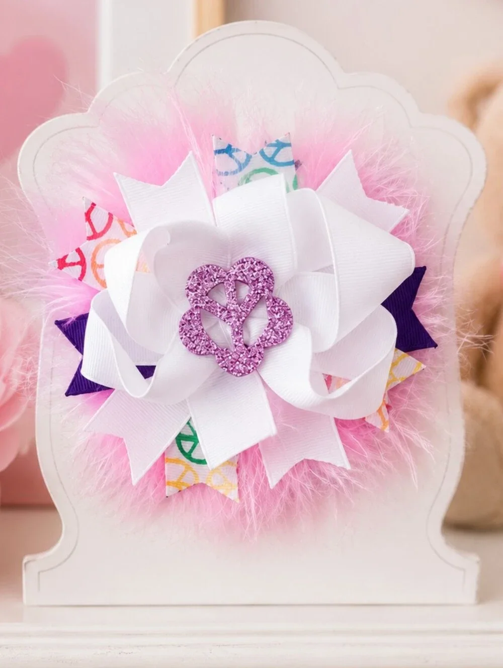 Peace Sign Boutique Hair Bow Clip Pink Marabou Feather Girls NWT